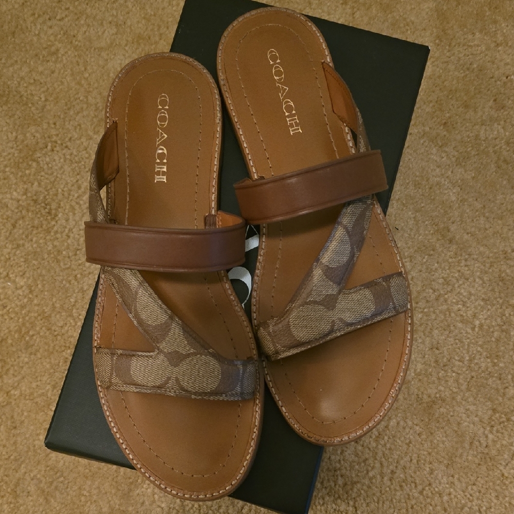 Coach Leather and Canvas Sandals in Brown and Tan